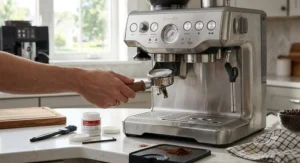 Performing routine maintenance and backflushing cleaning on a premium semi automatic espresso machine.