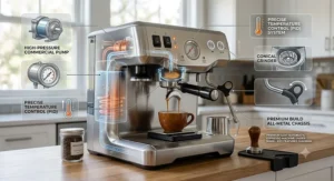 Illustration highlighting key features of a premium semi-automatic espresso machine under 1000 dollars including the group head and portafilter.