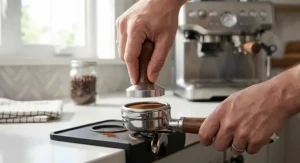 Close-up of a home barista using a metal tamper to pack finely ground coffee beans into a portafilter for a semi automatic espresso machine.