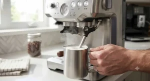A barista using the manual steam wand of a semi automatic espresso machine to froth milk in a stainless steel pitcher for a latte.