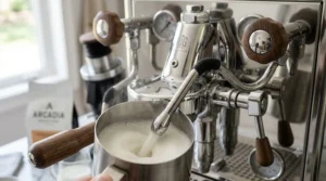 A powerful commercial steam wand frothing milk in a stainless steel pitcher on a high end home espresso machine.