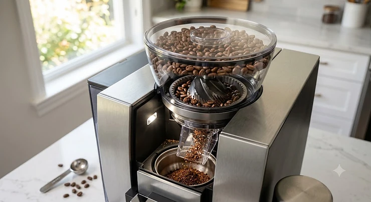 Illustration showing the integrated steel burr grinder of a super automatic espresso machine grinding fresh coffee beans.