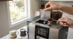 Opening the pre-ground coffee bypass chute on a super automatic espresso machine to add decaf coffee.