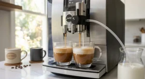 Adjustable dual spouts of a super automatic espresso machine pouring hot espresso and milk simultaneously to make a cappuccino.