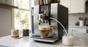 Automatic milk frothing system of a super automatic espresso machine dispensing velvety microfoam into a glass cup.