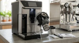 Removable brew group and automatic cleaning components of a modern super automatic espresso machine.