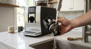 A hand rinsing the removable brew group of a super automatic espresso machine under running sink water for easy cleaning.
