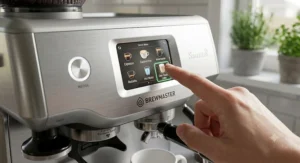 Close-up of a user selecting a one-touch drink on a digital touchscreen espresso machine under 1000 dollars.