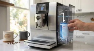 Diagram of a user inserting a water filter into the removable water reservoir of a super automatic espresso machine.