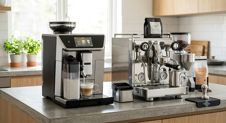 Side-by-side comparison of a super automatic vs semi automatic espresso machine on a modern kitchen counter. super automatic espresso machine under 500