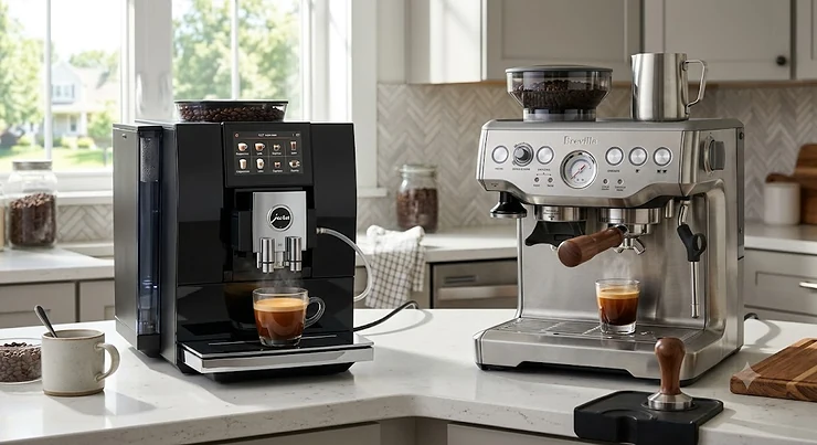Side by side comparison of a super automatic vs semi automatic espresso machine on a modern American kitchen countertop.