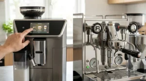 Control panel comparison showing a one-touch touchscreen espresso maker next to a traditional semi-automatic portafilter machine.