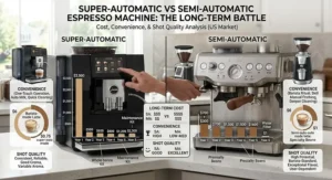 An infographic analyzing the long term cost, convenience, and shot quality of a super automatic vs semi automatic espresso machine.