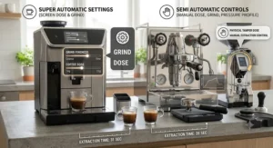 Diagram highlighting espresso shot customization settings including grind size, dose weight, and extraction control.