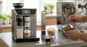 Comparison of an integrated automatic milk carafe system versus a manual steam wand used for microfoam latte art.