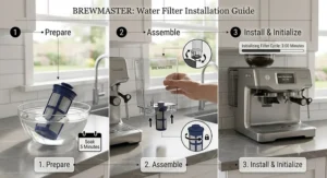 Step-by-step diagram for installing a water filter in a super automatic espresso machine water tank.