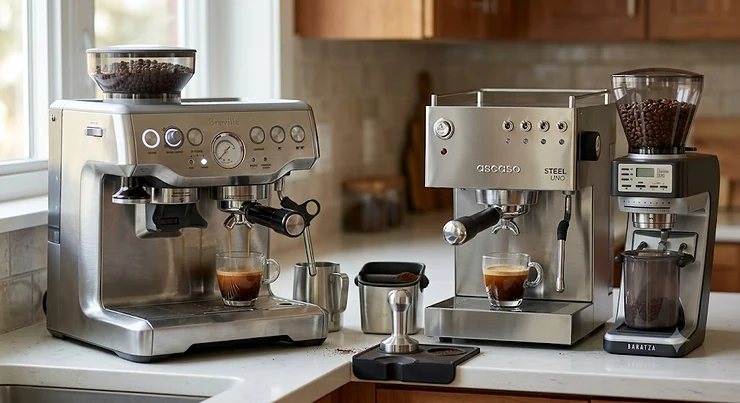 All in one espresso maker with built in grinder next to a standalone espresso machine and separate burr grinder on a kitchen counter. all in one espresso maker vs separate grinder