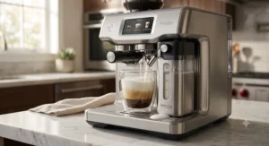 Automatic milk frothing wand dispensing creamy microfoam into a glass latte cup.