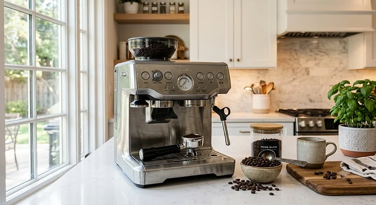 Stainless steel espresso machine with built in grinder on a modern American kitchen countertop next to fresh coffee beans