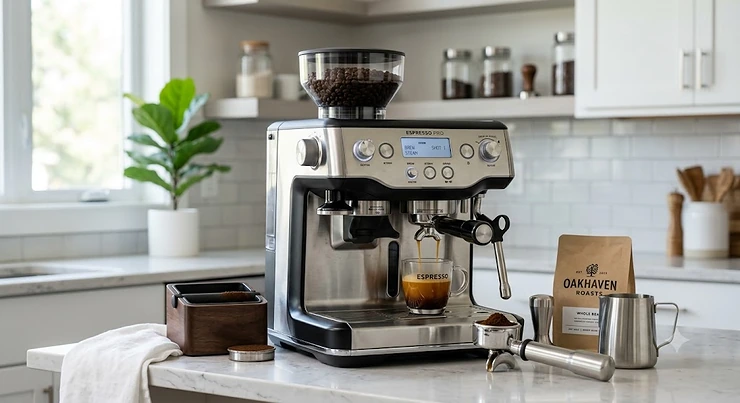 A top-rated espresso machine with built-in grinder sitting on a modern kitchen counter, under $500 budget pick.