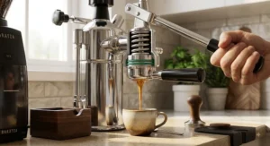 Rich crema extracting from a bottomless portafilter attached to a spring lever espresso machine.