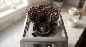 Illustration of whole coffee beans feeding into the integrated grinder of a premium super automatic espresso machine.