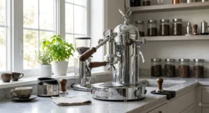 Chrome finish Elektra Microcasa Leva lever espresso machine set up on a home coffee bar