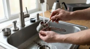 Rinsing and cleaning the detachable stainless steel brew head parts of the Flair espresso maker.