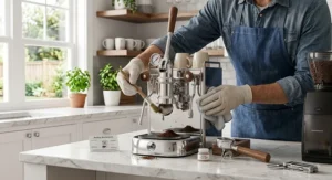 Illustration showing routine maintenance and cleaning of a stainless steel direct lever espresso machine.