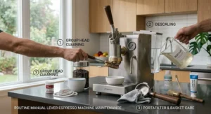 Illustration demonstrating routine cleaning and maintenance for a home manual lever espresso machine.