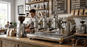 Multi-group commercial spring lever espresso machine featured on the counter of a modern American coffee shop.