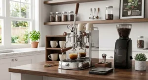 Compact manual direct lever espresso machine setup on a home coffee bar station.
