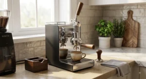 Sleek compact spring lever espresso machine tailored for modern home coffee bars.