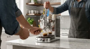Illustration demonstrating manual pressure profiling on a direct lever espresso machine handle.