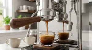 Rich espresso shot with thick crema flowing from a bottomless portafilter on a direct lever espresso machine.