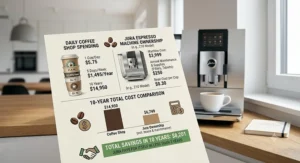 Cost analysis chart comparing daily coffee shop visits to long-term savings from owning a Jura espresso machine