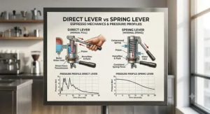 Diagram comparing direct lever and spring lever espresso machine mechanics and pressure profiles.