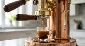 Rich espresso shot extracting into a glass cup from the Elektra Microcasa Leva portafilter