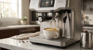 Rich espresso shot with golden crema extracting into a ceramic cup from a premium super automatic espresso machine.