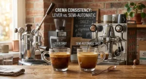 Two espresso cups showing crema consistency differences between a lever machine and a semi-automatic espresso machine.