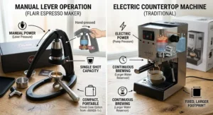 Diagram comparing the manual lever operation of a Flair espresso maker against an electric countertop machine.