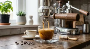 Fresh espresso extraction with rich golden crema flowing into a clear demitasse glass from a La Pavoni Europiccola.