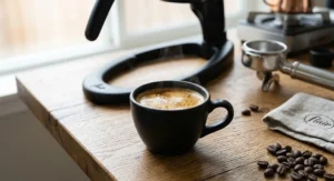 A freshly brewed espresso shot with thick golden crema served in a ceramic cup from a Flair espresso maker.