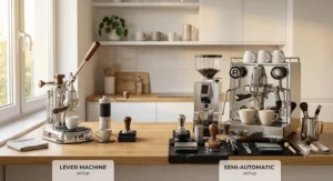 Modern kitchen coffee station showing counter space requirements for lever vs semi-automatic espresso machines.