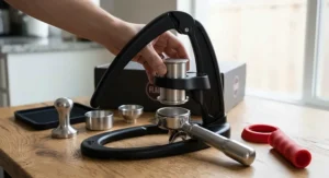 A step-by-step assembly guide for setting up the lever arm and brew head on a Flair espresso maker.