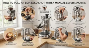 Step-by-step illustration showing how to pull a shot using a manual lever espresso machine.