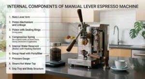 Detailed cross-section diagram of internal components in a manual lever espresso machine including piston and boiler.