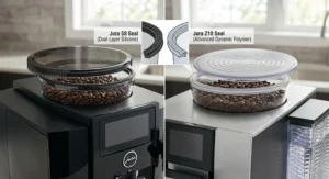 Close-up comparison graphic of the bean hopper lids and aroma preservation seals on the Jura S8 and Jura Z10.
