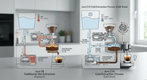 Diagram depicting the Jura Z10 cold brew extraction process alongside the Jura S8 traditional hot espresso brewing system.