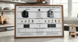 Infographic chart summarizing key feature differences, drink options, and value when comparing Jura S8 vs Z10.